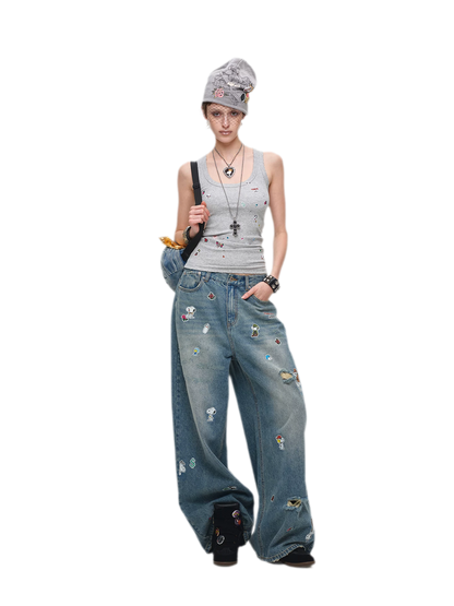 Washed Distressed Wide-Leg Jeans