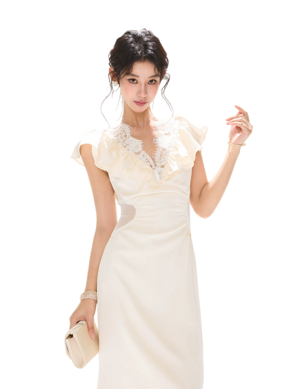 Lace V-Neck Ruffled Waist-Detail Midi Dress