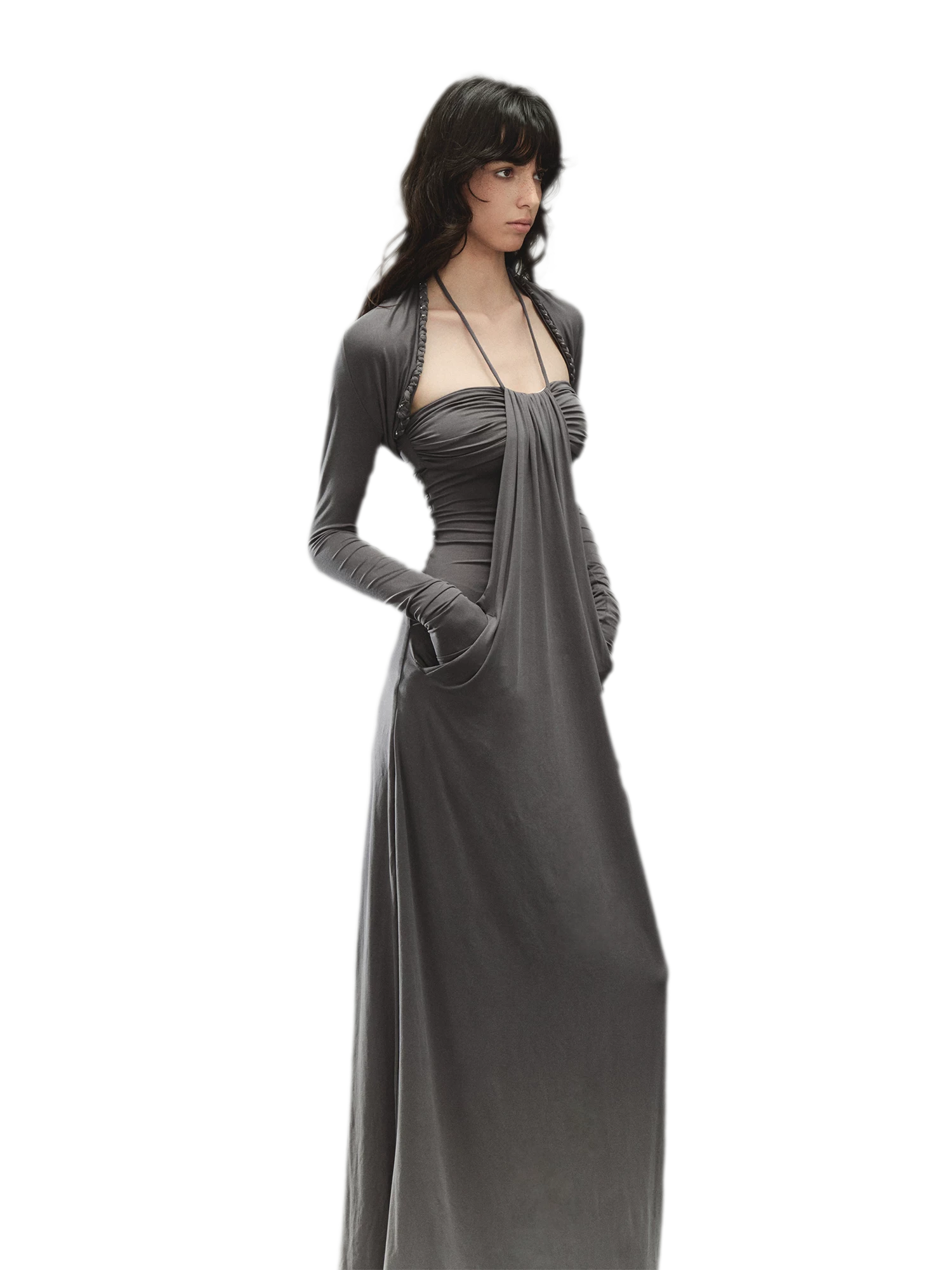 Laisel Handwoven Twist Metallic Chain Pleated Halter Dress