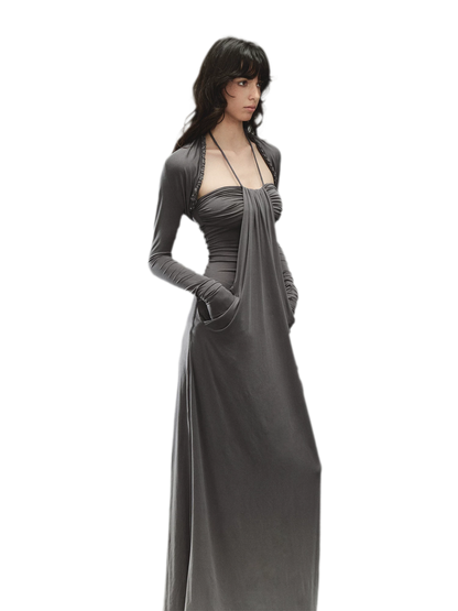Laisel Handwoven Twist Metallic Chain Pleated Halter Dress