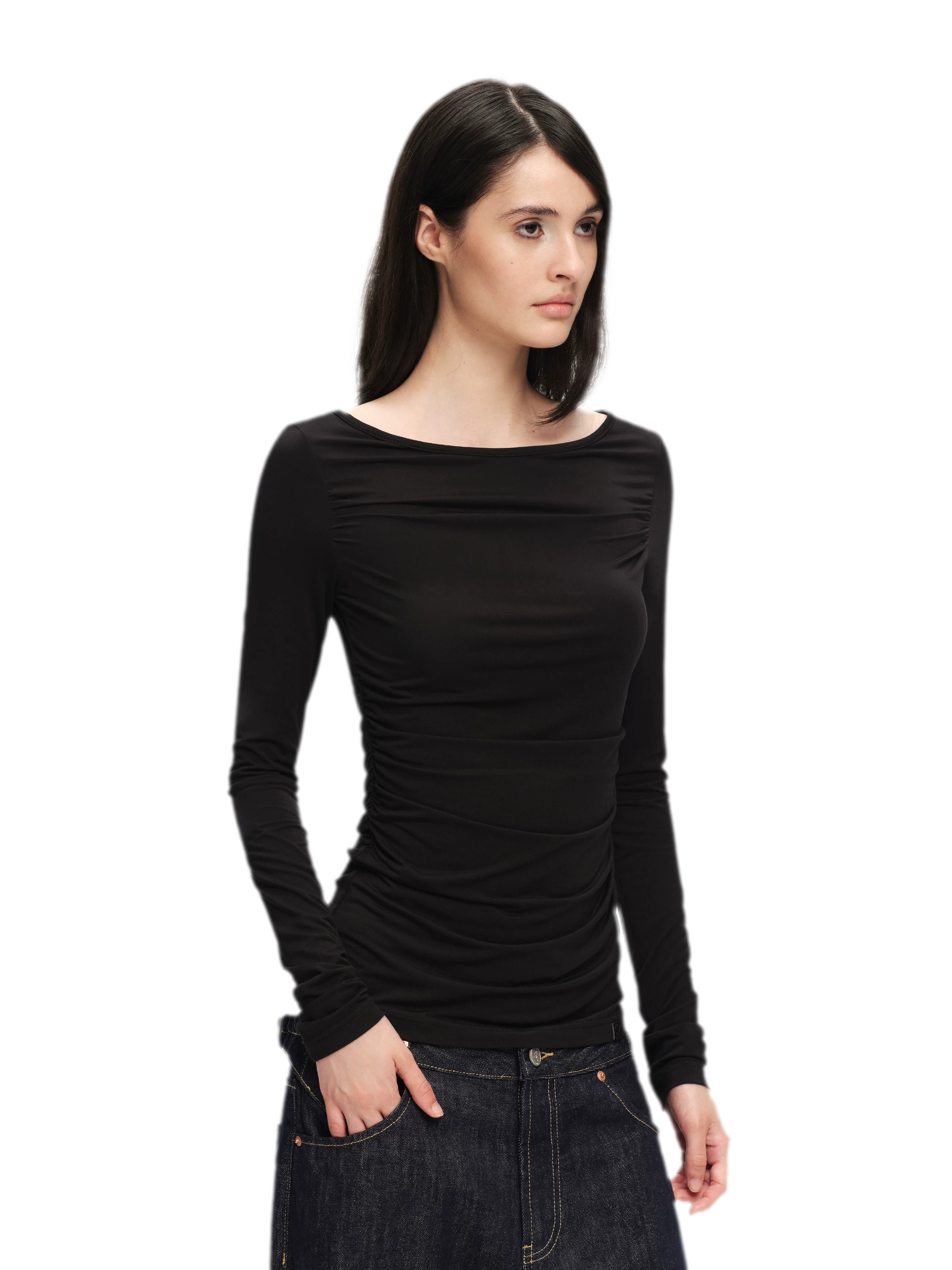 Modal Ruched Fitted Long-Sleeve T-Shirt