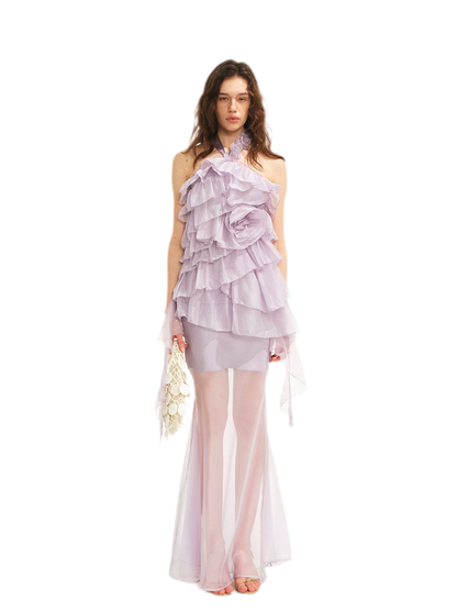 Sheer Rose Halter Fishtail Dress