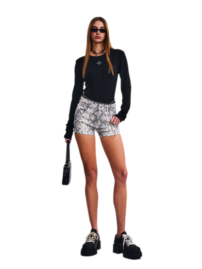 High Waist Denim Shorts with Leopard/Snake Print
