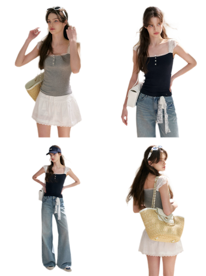 Lace Edge Wide Strap Knit T-Shirt