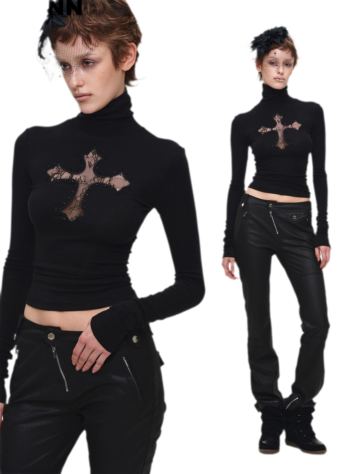 Rhinestone Lace Turtleneck Knit Top