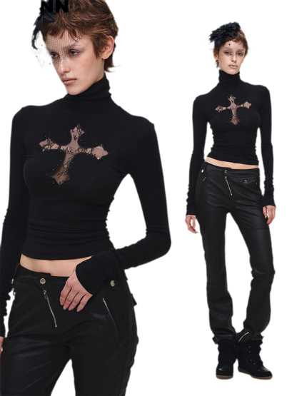 Rhinestone Lace Turtleneck Knit Top