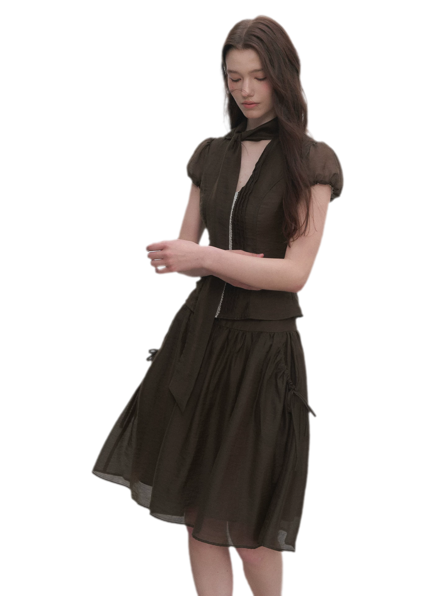 Tie-Neck Flared Skirt Set