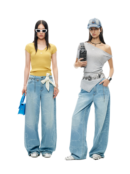 Beverly Printed Wide-Leg Denim Pants