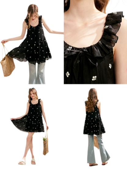 Tencel Embroidered Ruffle A-line Dress