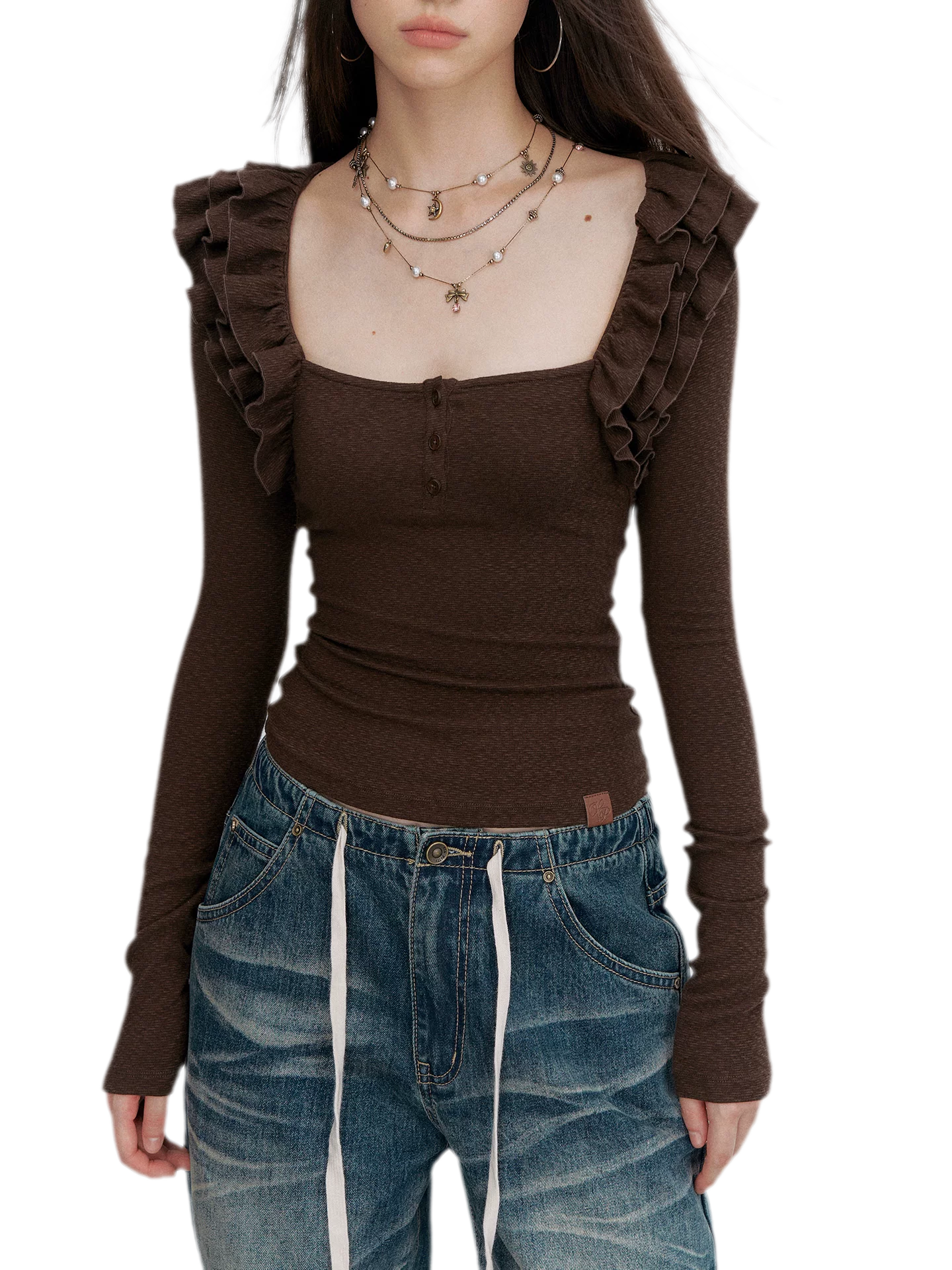 Ribbed Ruffle Square Neck Top