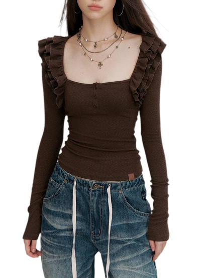 Ribbed Ruffle Square Neck Top