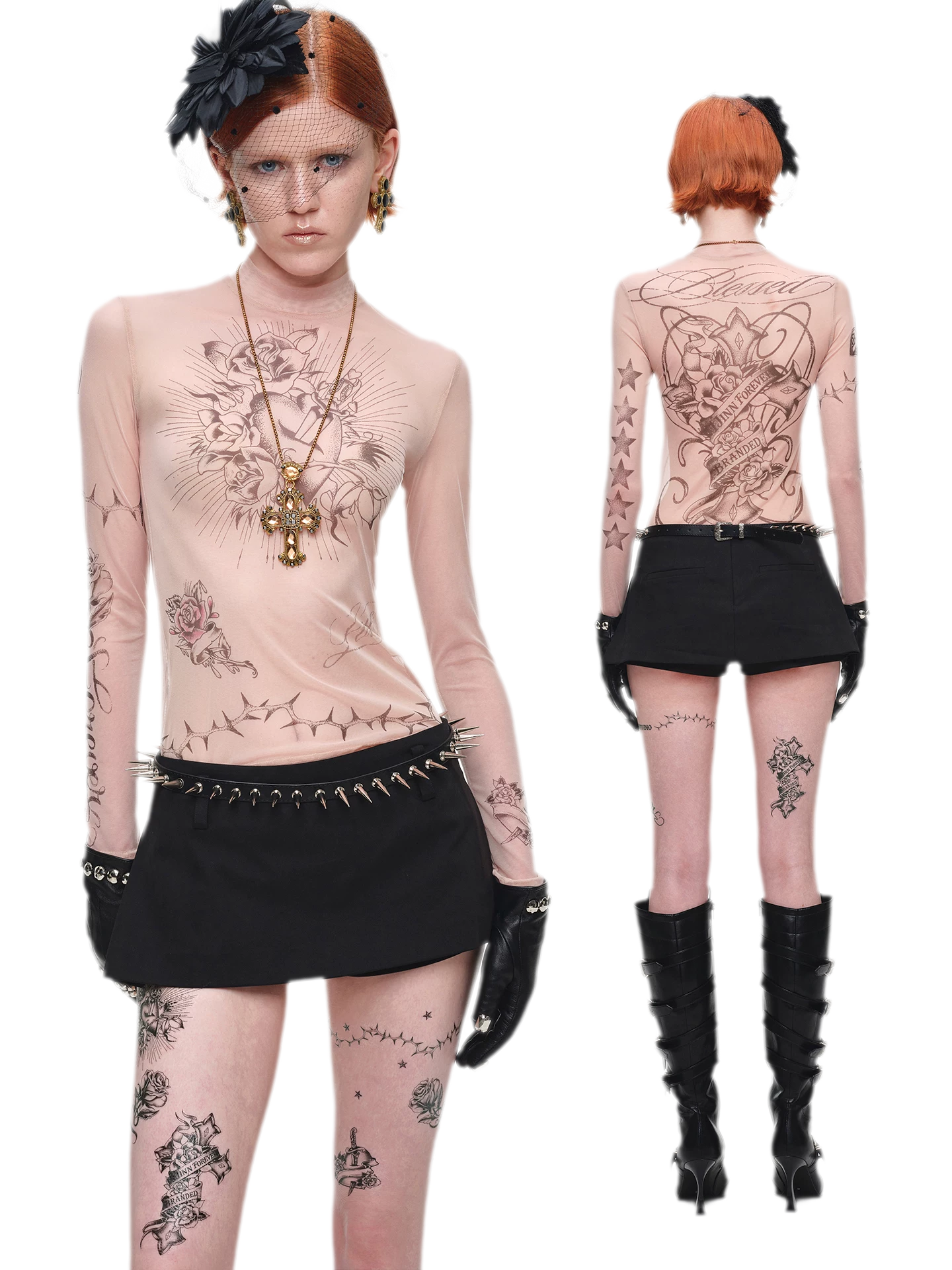 Tattoo Print Mesh Top