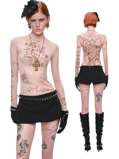 Tattoo Print Mesh Top