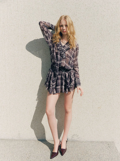 Plaid Chiffon V-Neck Dress