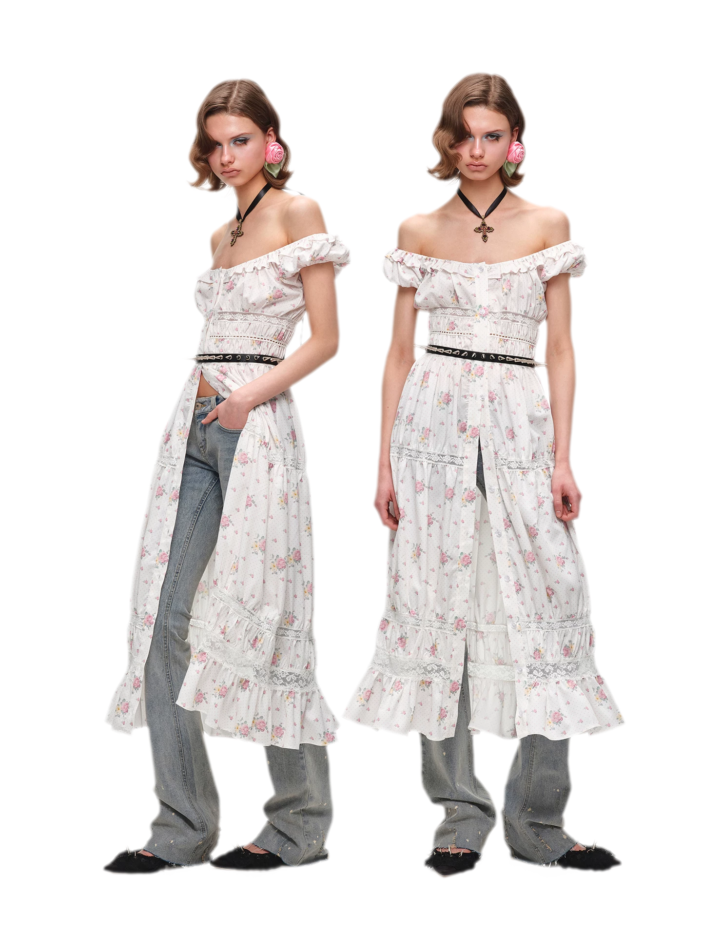 Long Floral Lace Chiffon Dress