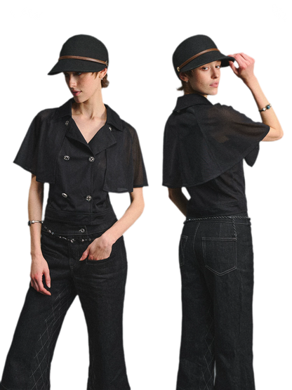 Detachable Cape Chiffon Blouse with Lace Detail