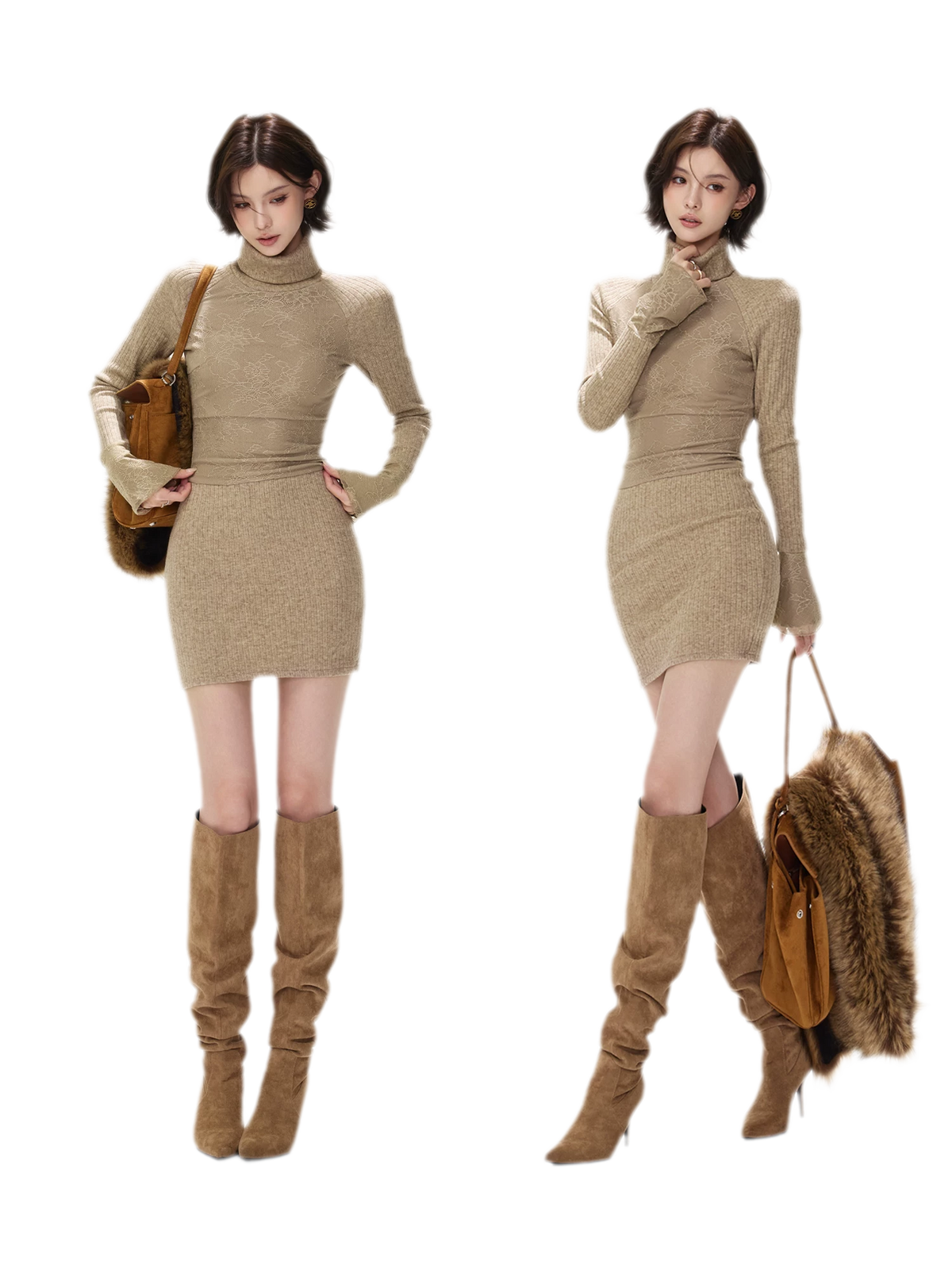 Lace Panel Ribbed Mini Dress