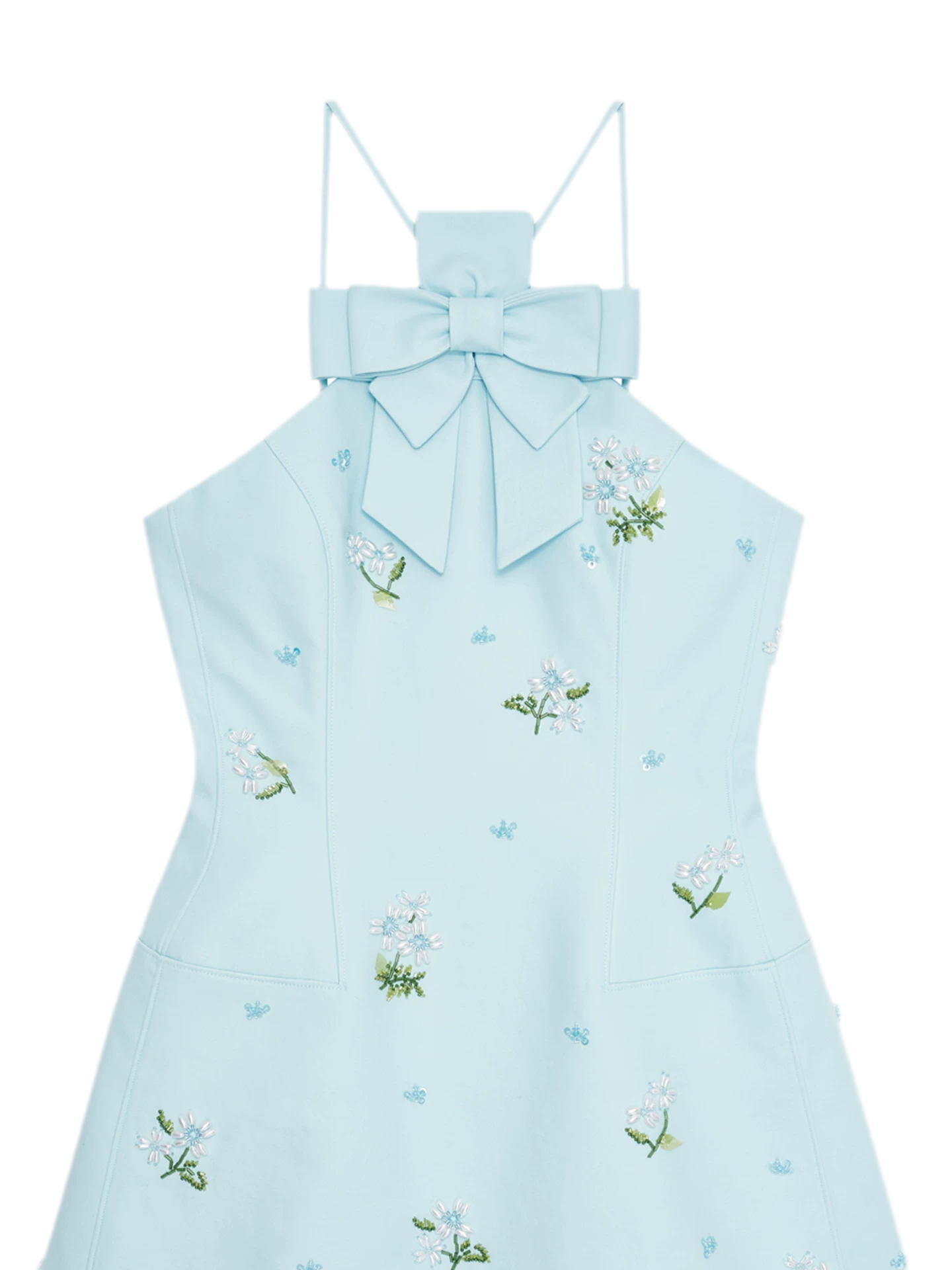 Embroidered Bow Halter Mini Dress