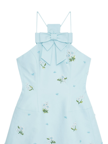 Embroidered Bow Halter Mini Dress