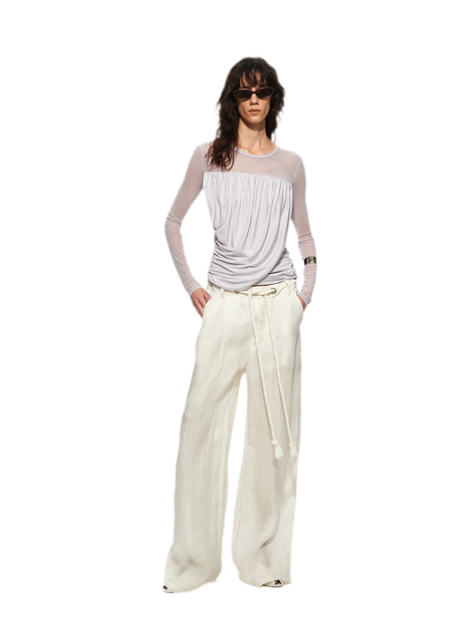 Draped Mesh Long Sleeve Tee