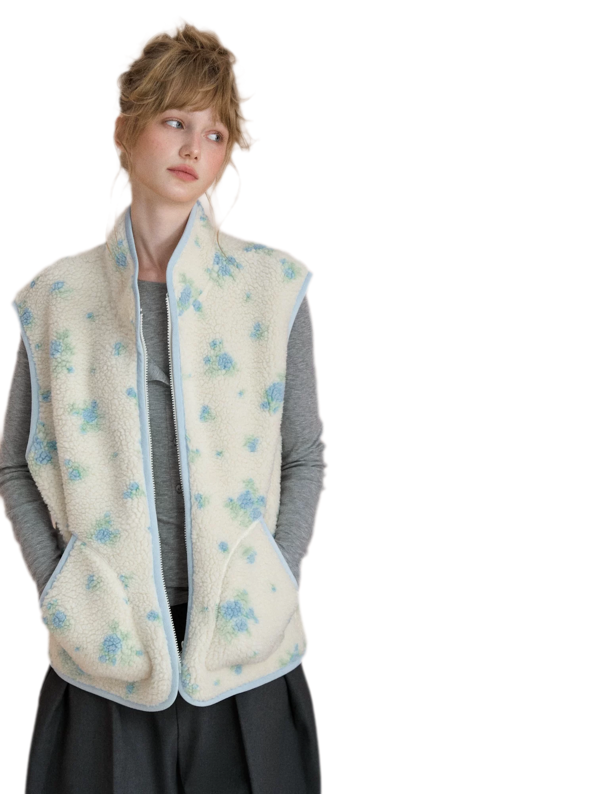 Floral Fleece Stand Collar Vest