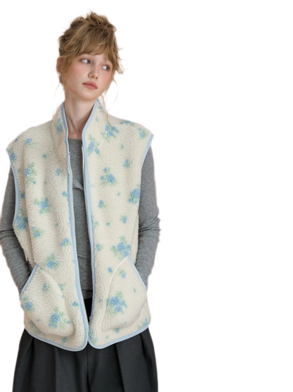 Floral Fleece Stand Collar Vest