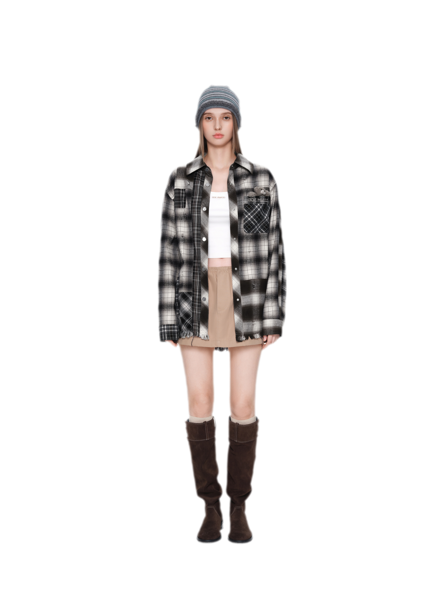 Distressed Patchwork Plaid Overshirt