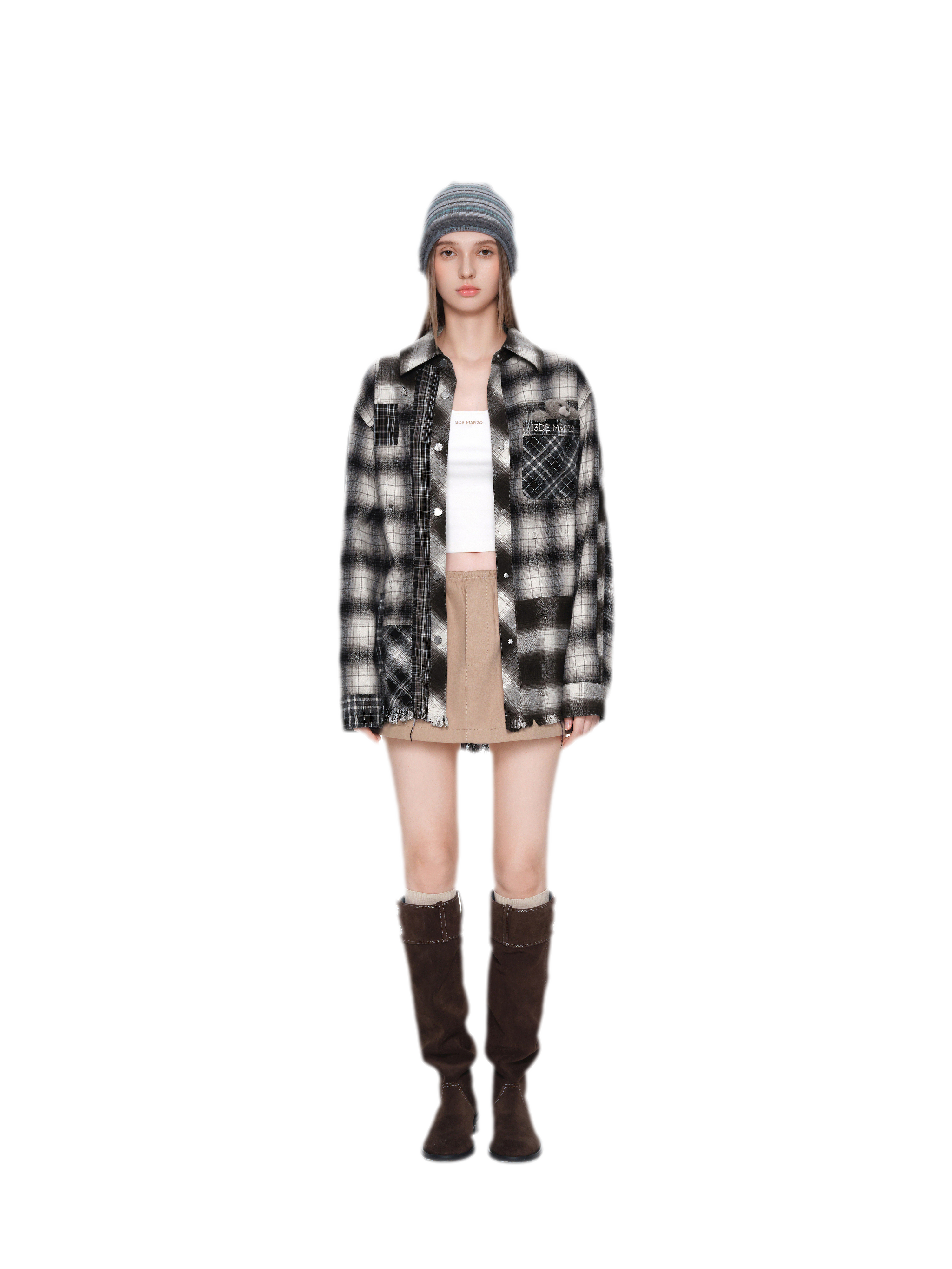 Distressed Patchwork Plaid Overshirt