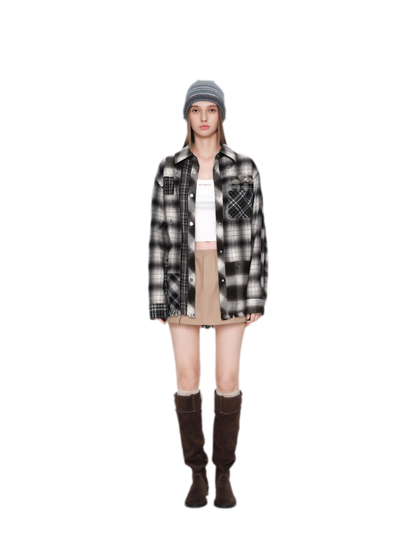Distressed Patchwork Plaid Overshirt