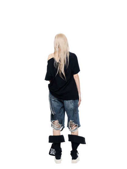 Punk T-shirt with Distressed Print and Open Back