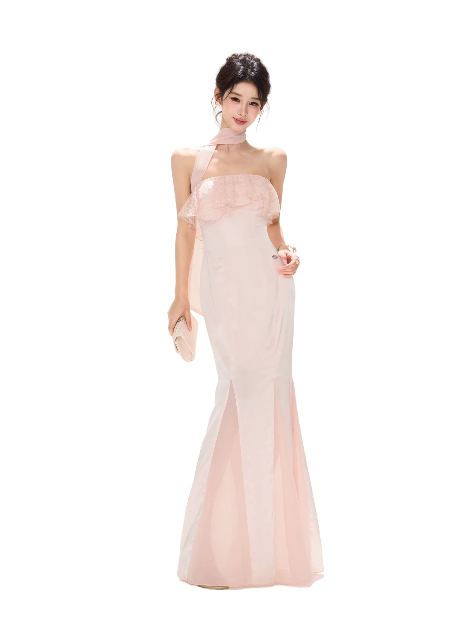 Champagne Pink Lace Fishtail Strapless Long Dress