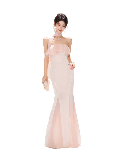 Champagne Pink Lace Fishtail Strapless Long Dress