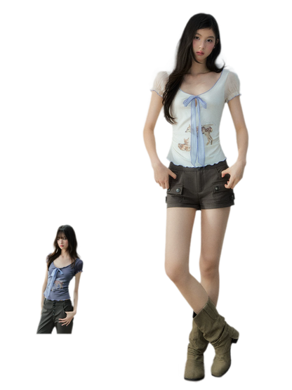 Korean Lyocell Deer Print Ribbon T-Shirt
