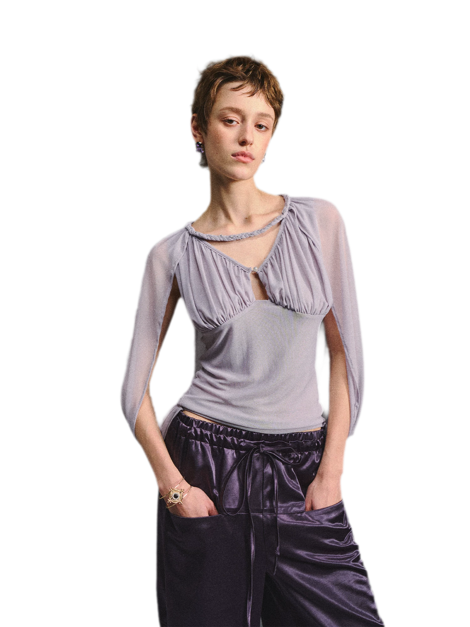 Ruched Mesh V-Neck Top