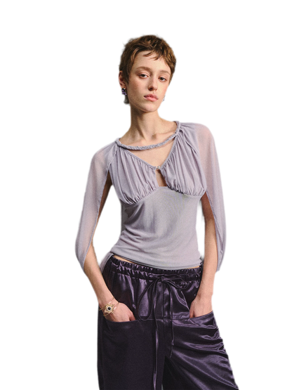 Ruched Mesh V-Neck Top