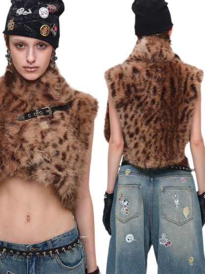 Belted Leopard Faux Fur Vest