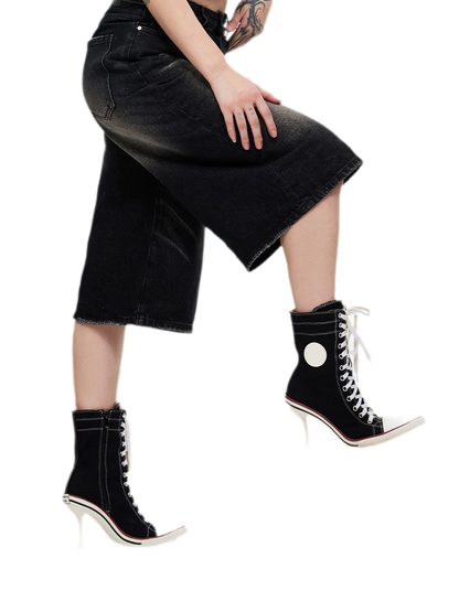 Canvas Lace-Up High-Heel Boots
