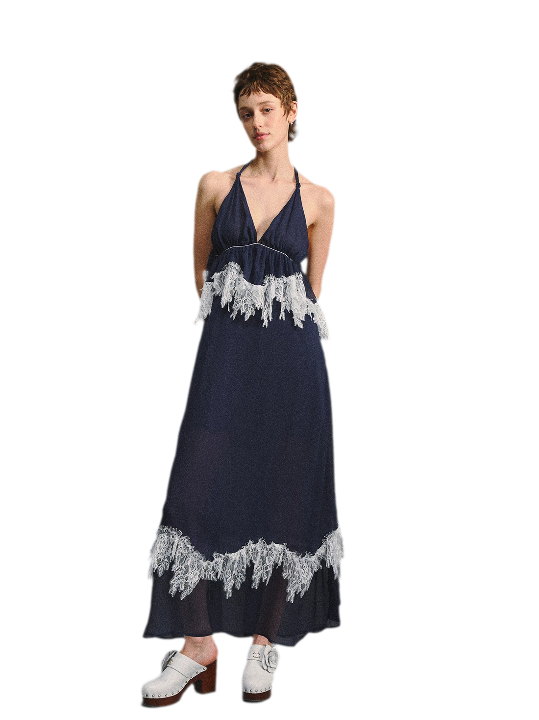 Deep V Halter Maxi Dress in Serene Blue
