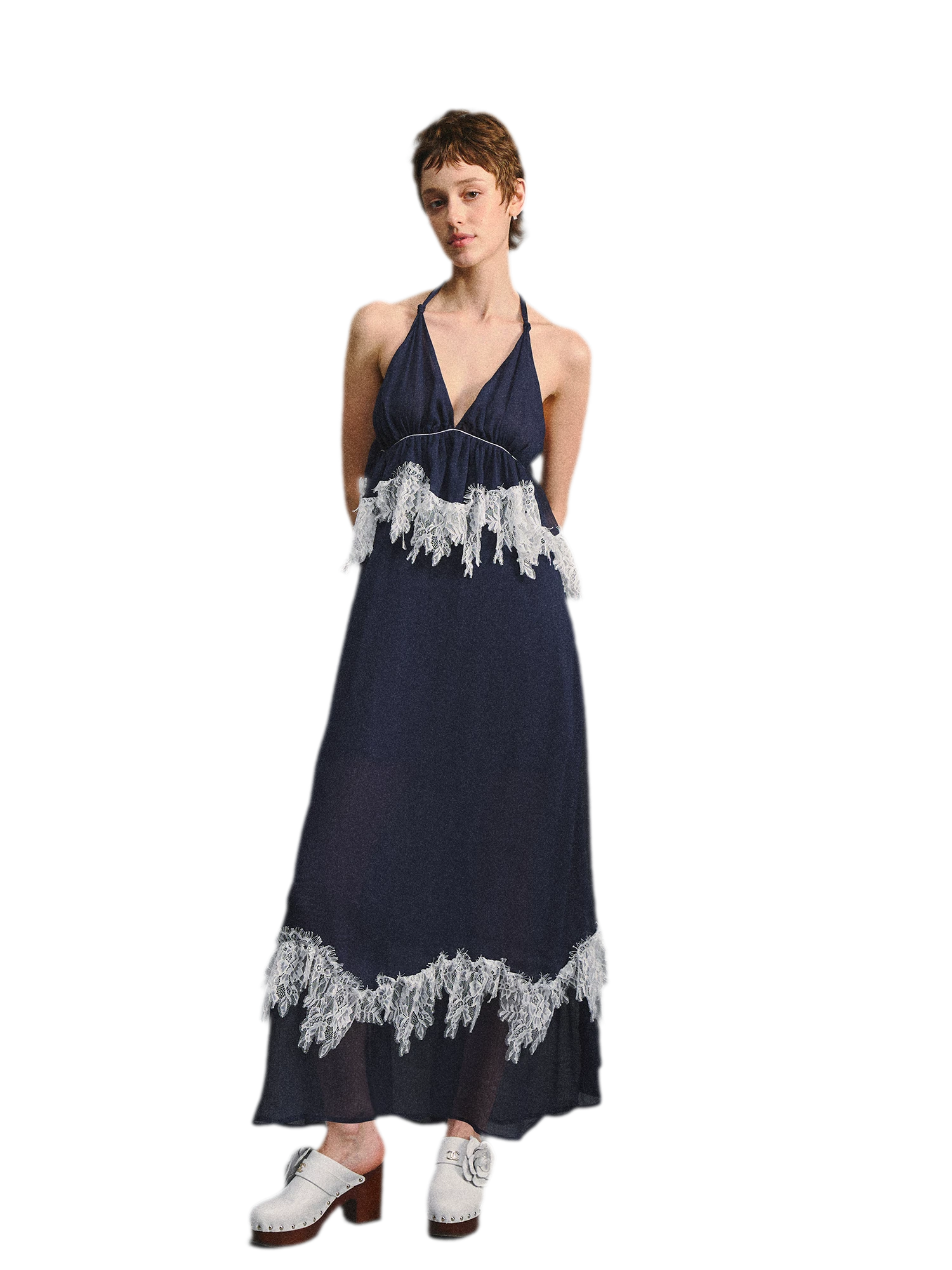 Deep V Halter Maxi Dress in Serene Blue