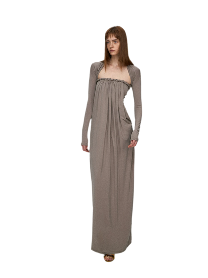 Sculptural 93% Lyocell Pleated Long Dress