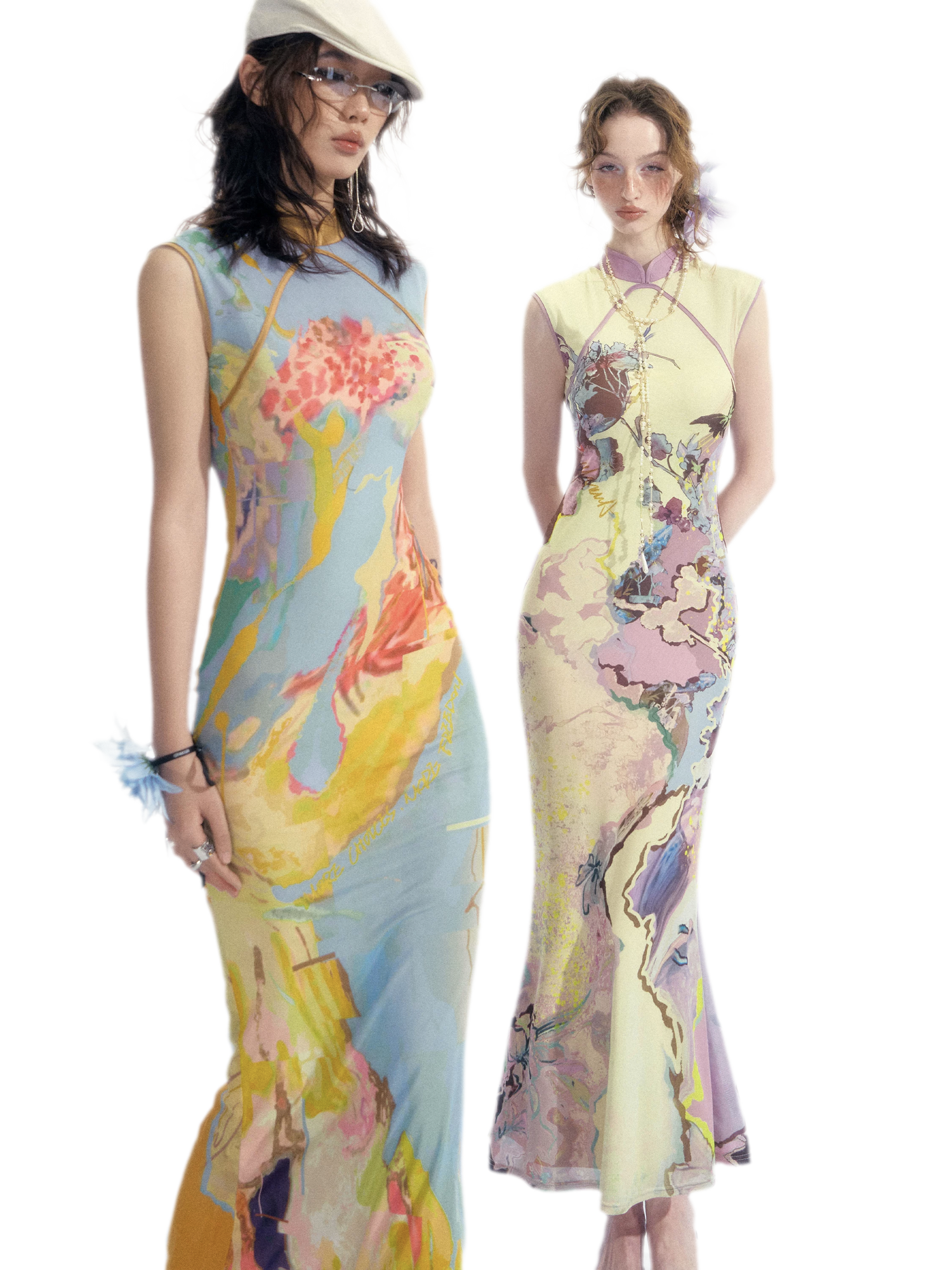 Roman Poem Printed Sleeveless Qipao Dress