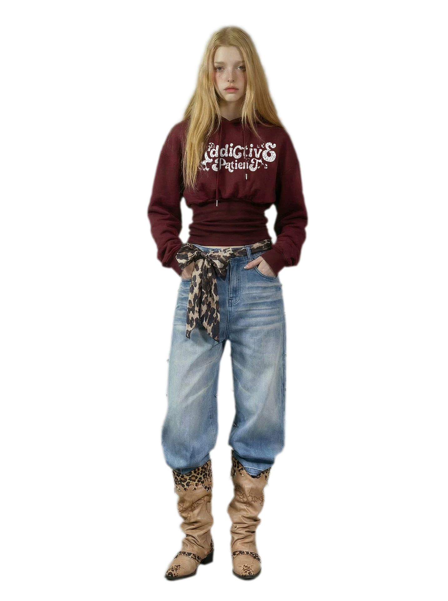 Graphic Cropped Cinched Hoodie