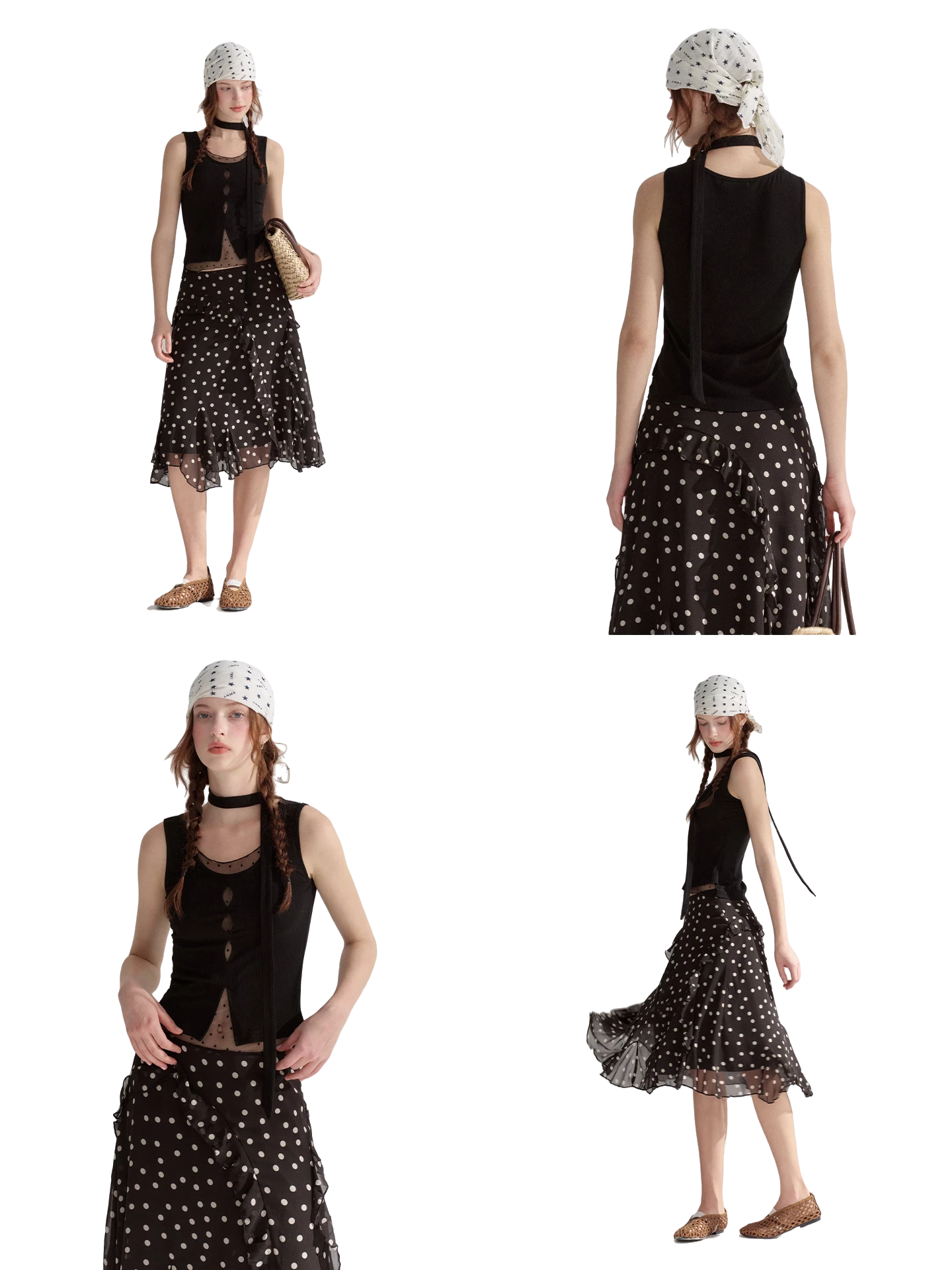 Ribbed Elastic Dot Mesh Sleeveless Top