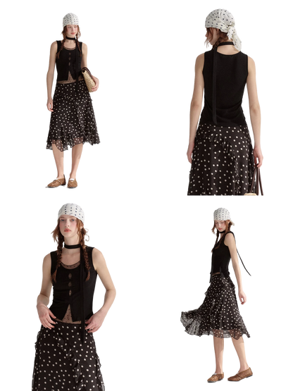 Ribbed Elastic Dot Mesh Sleeveless Top