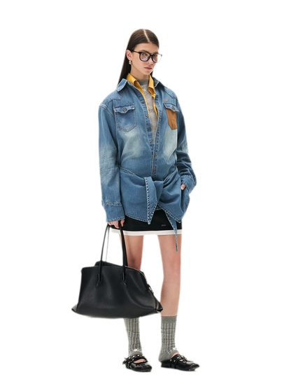 Washed Denim Suede-Panel Shirt