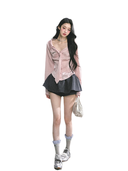 Satin Striped Tie Shirt