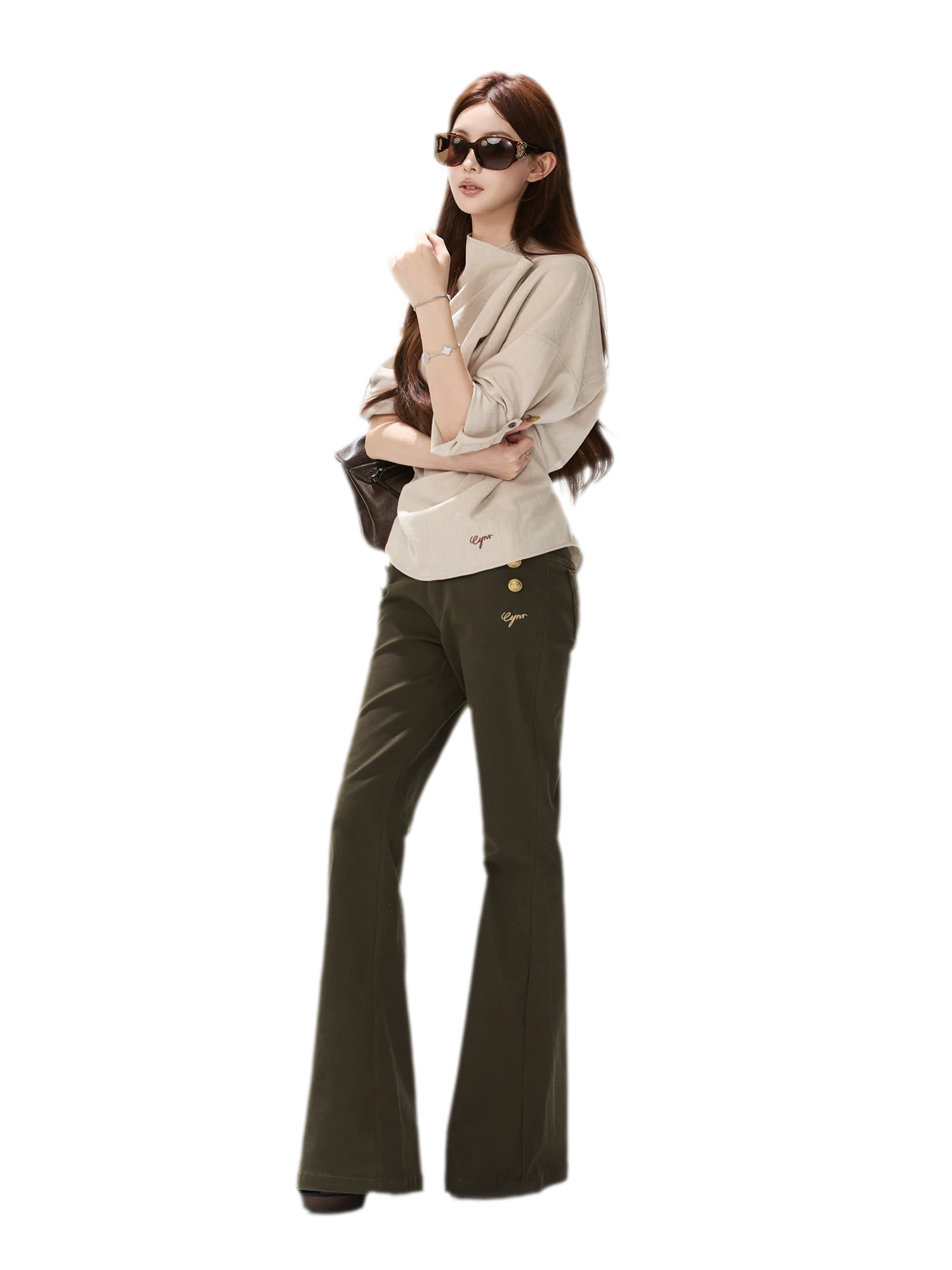 Low-Rise Metal-Button Flare Pants