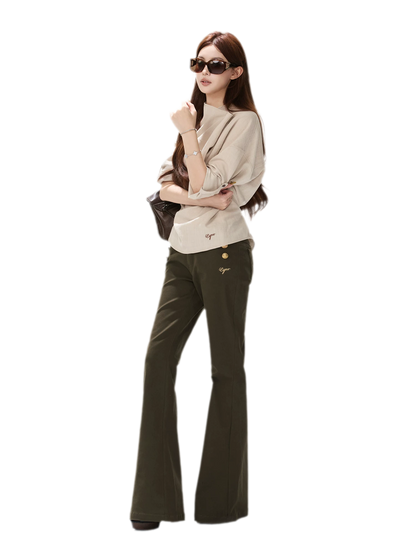 Low-Rise Metal-Button Flare Pants