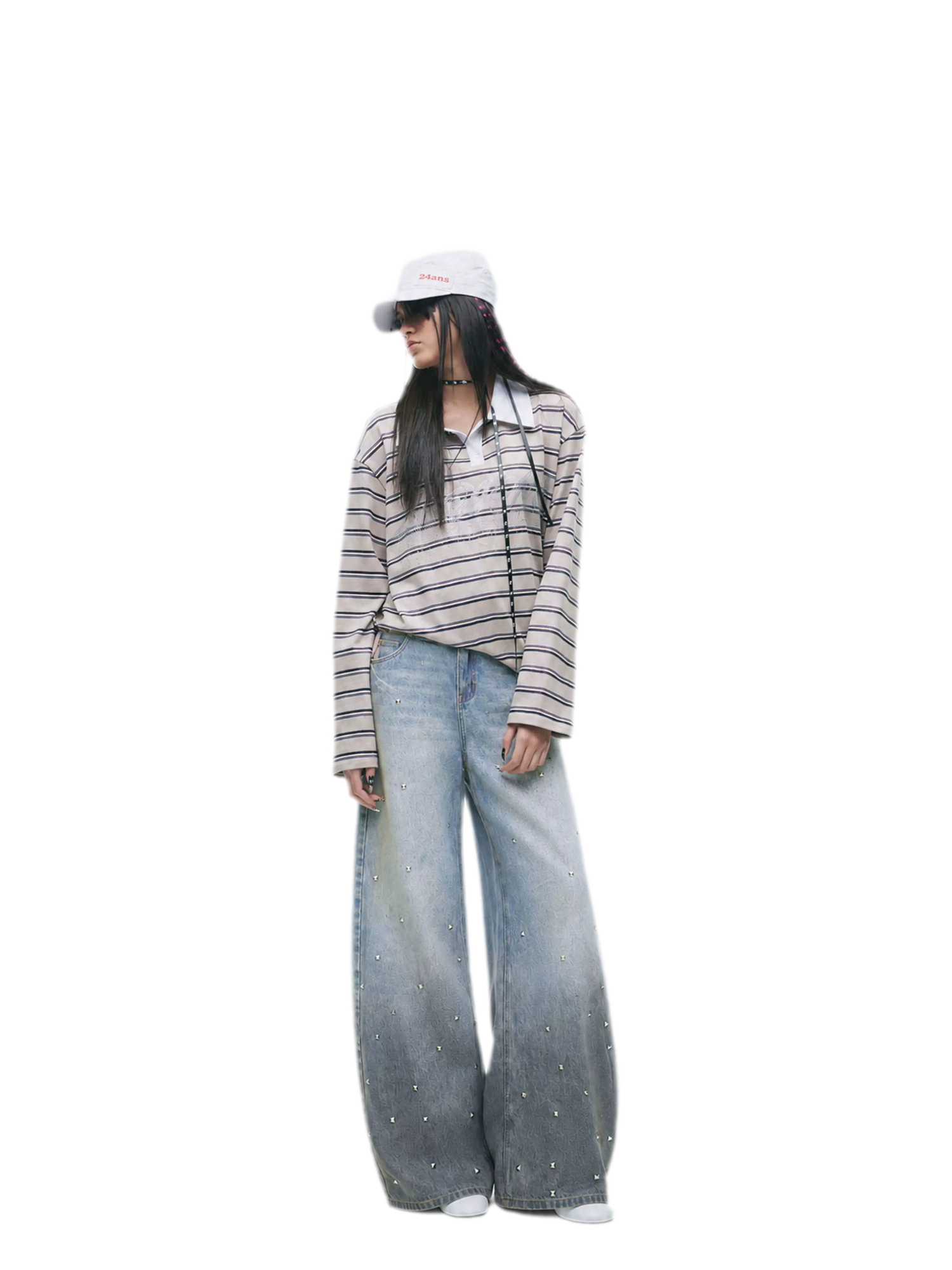 Washed Studded Wide-Leg Jeans