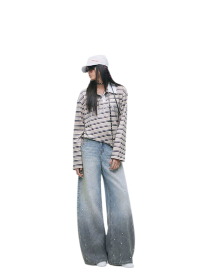 Washed Studded Wide-Leg Jeans